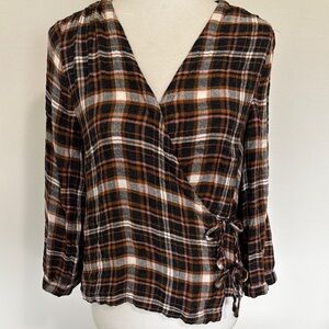 Madewell Plaid Super Soft Lightweight Gauzy Cotton Side Wrap Blouse